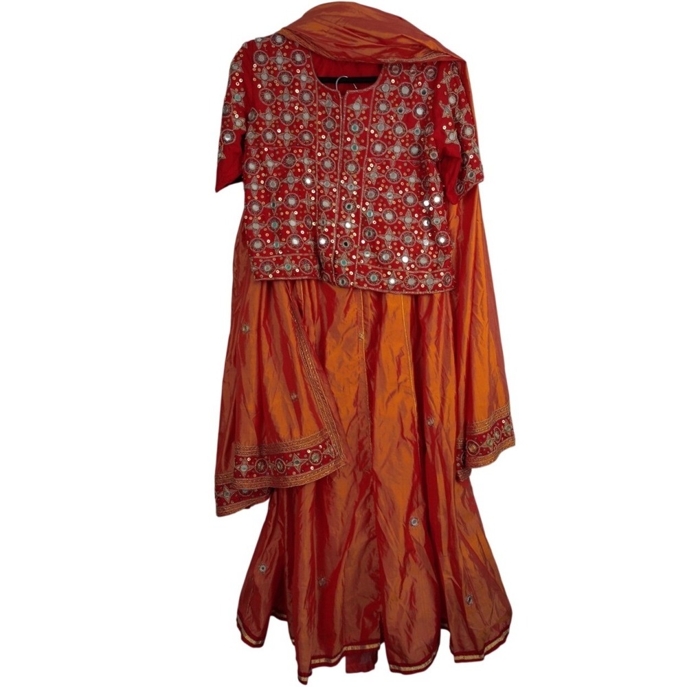 Three Piece Lehenga Choli Satin Orange Red Beaded Embroidered Skirt Crop Top XS